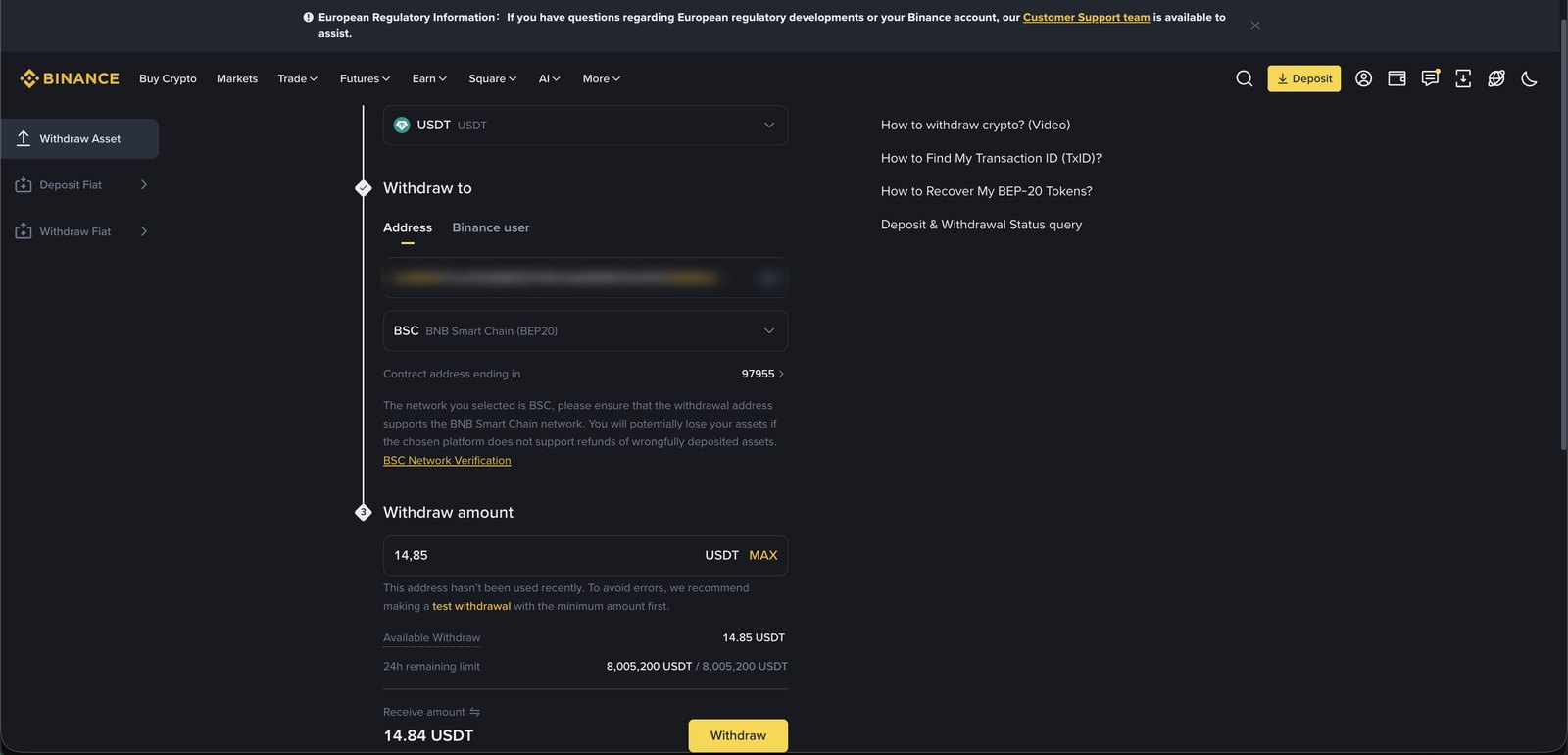 Alusta Binance'is väljakannet