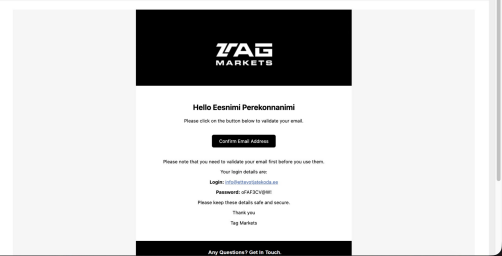 TAG Markets e-mail kinnitus