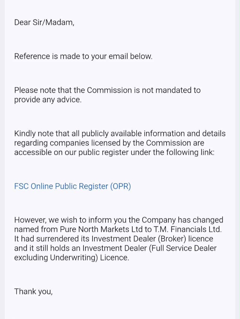 FSC Mauritius kiri · nimemuutus Pure North Markets LTD → T.M. Financials LTD